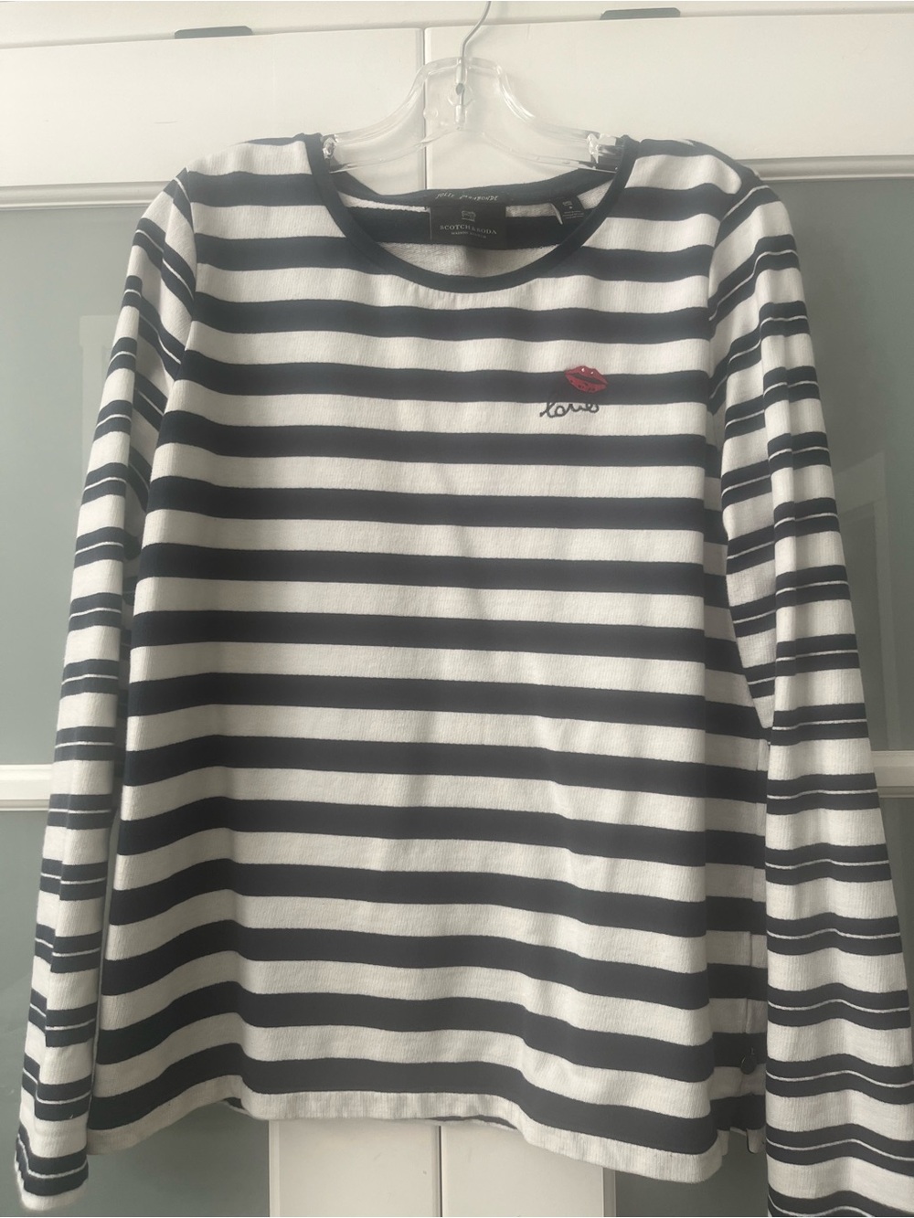 Scotch & Soda Navy and White Striped Long-Sleeve Tee with Red Lip Patch